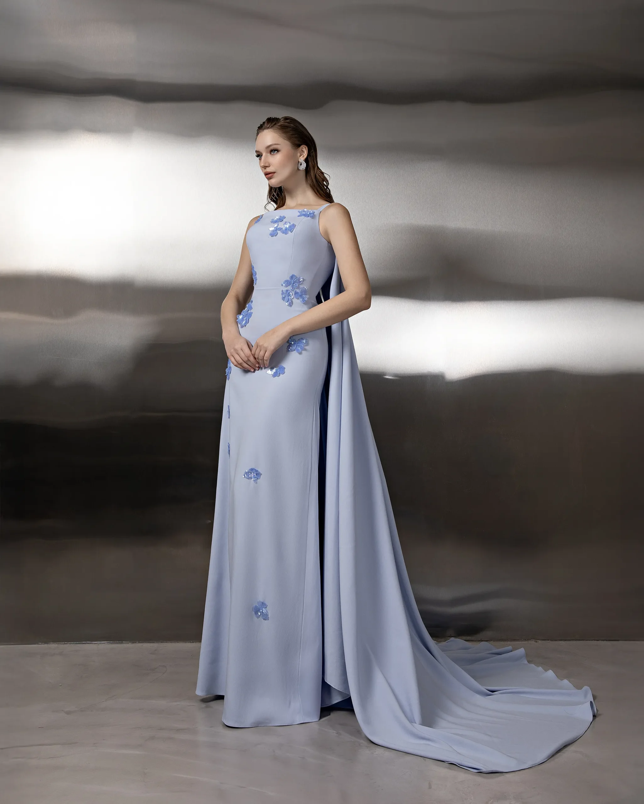 Sleeveless Floral Cape Gown - Image 3