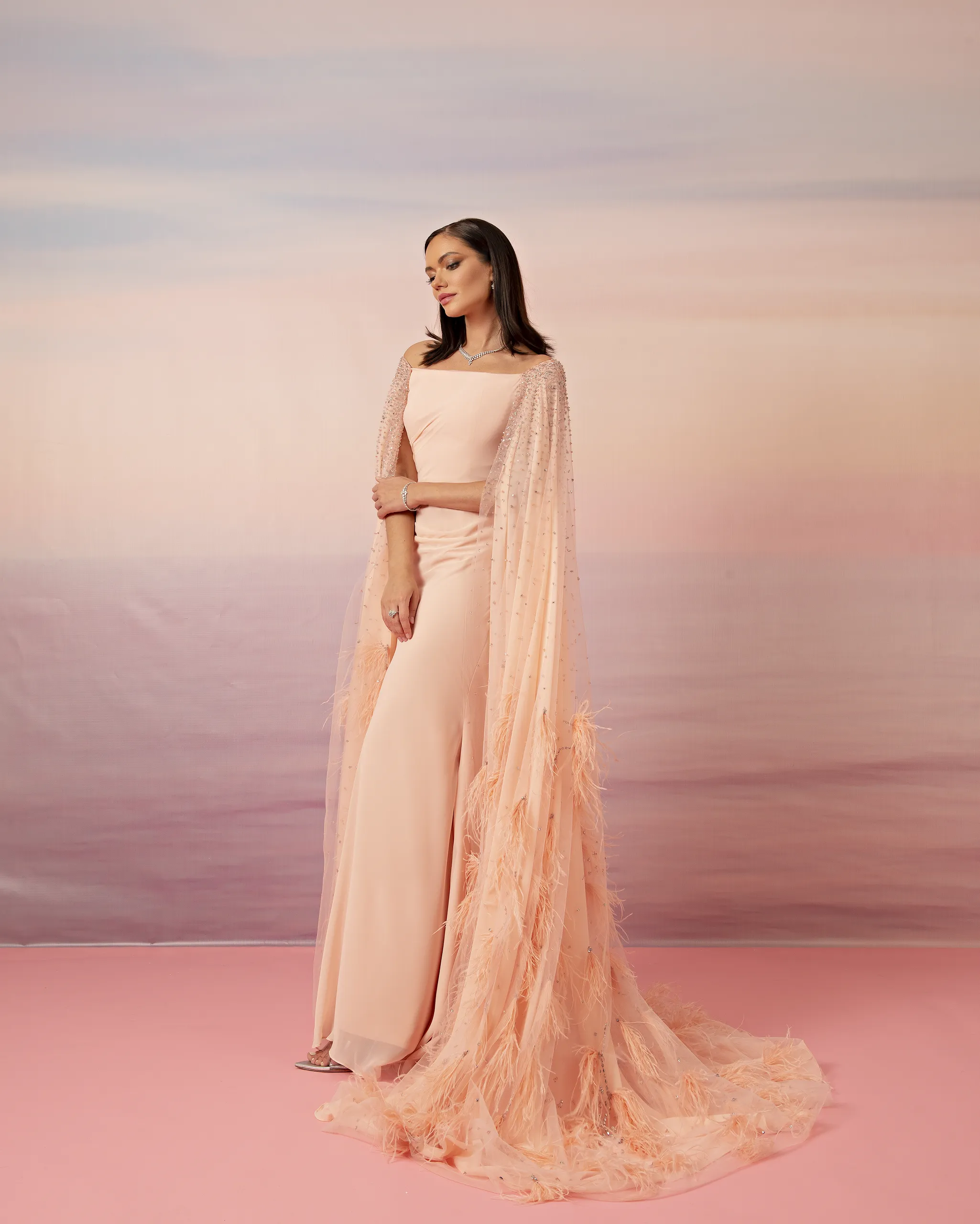Feather Cape Column Gown - Image 3